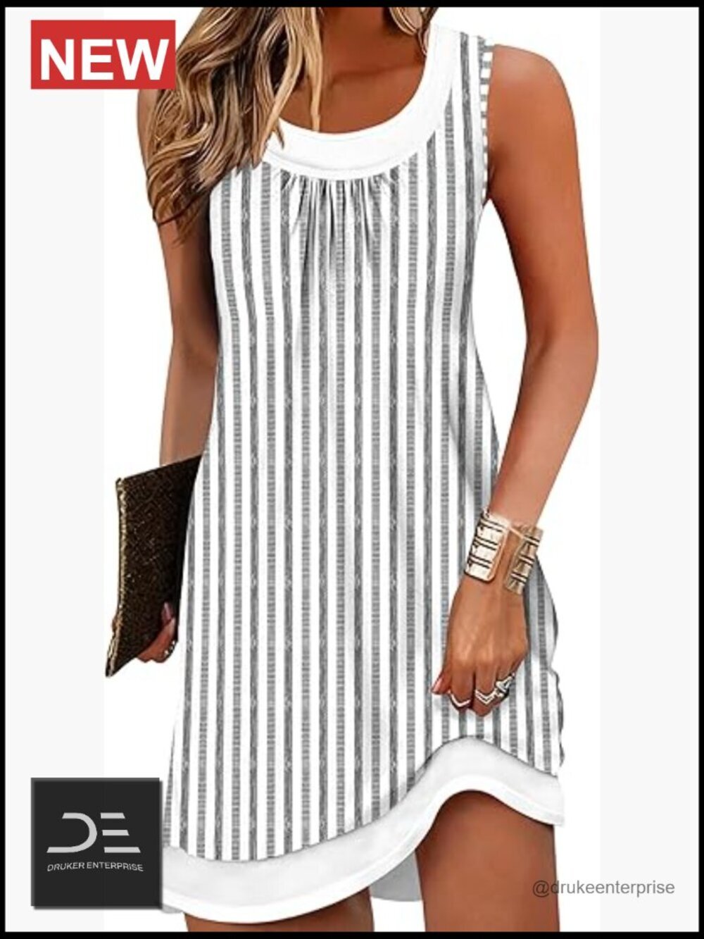 Sleeveless Crewneck Striped Sundress with Pockets, Boho Beach Coverup